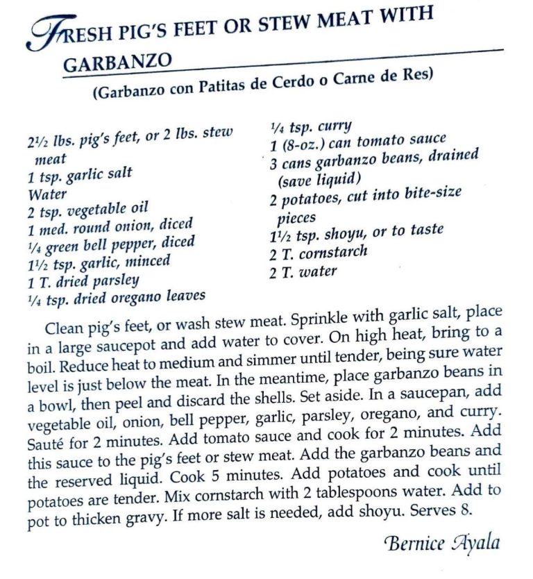 Fresh Pig’s Feet or Stew Meat with Garbanzo (Garbanzo con Patitas de Cerdo o Carne de Res)